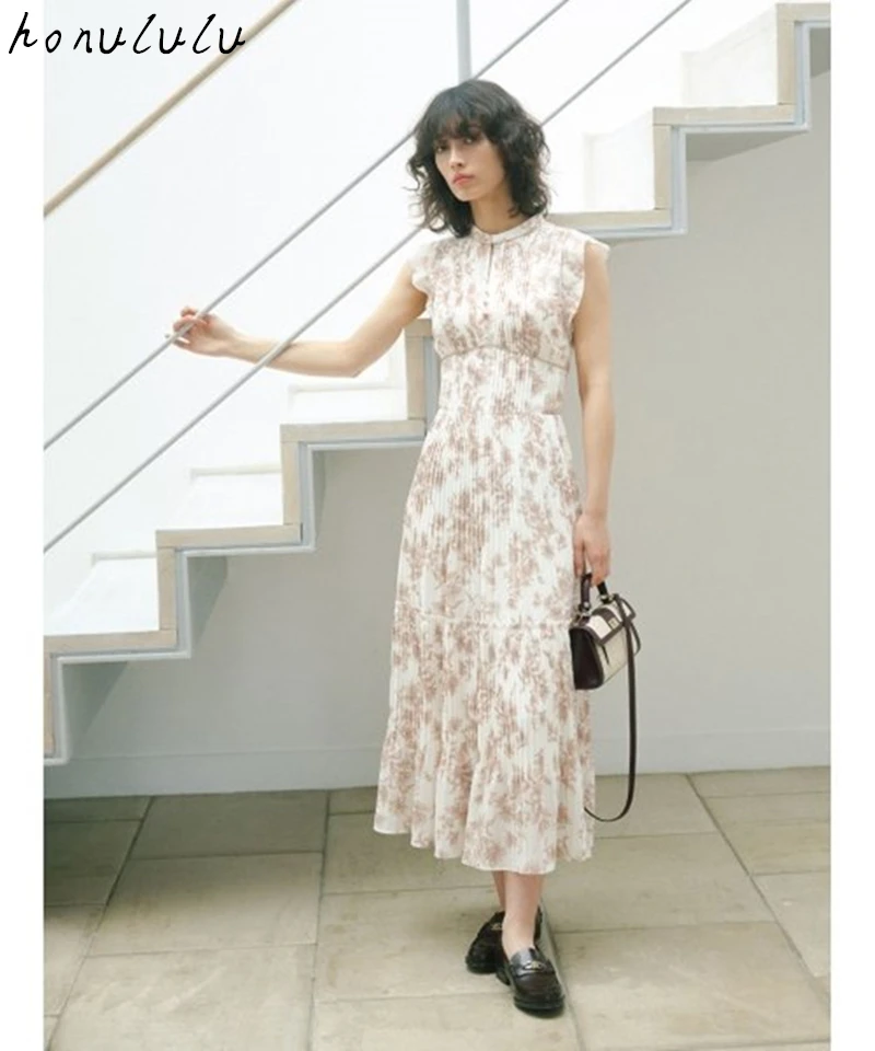 

2022 summer new Chinese style round neck pleated printed waist dress women