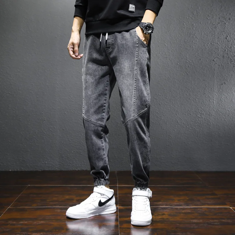 Men Jeans Streetwear Vintage Jeans Summer Solid Pocket Men Loose Denim Harem Pants Korean Lace-up Mid-Waist Elastic Pencil Jeans