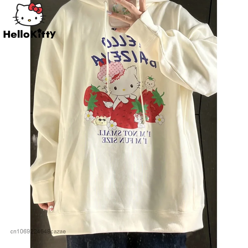 Sanrio Hello Kitty Printed Autumn Winter Sweet Hoodie Cute Y2k Sister College Style Loose Coat Vintage Fashion Clothes For Women