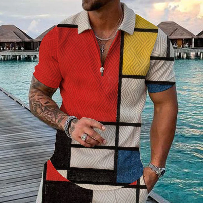 

2022 Brand Men Short-Sleeved Men's Casual Stripe Pattern Print Short Sleeve Zipper Polo Shirt Summer Shirt Clothing