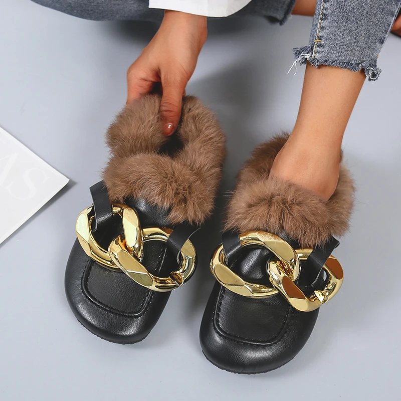 

2022 осень-зима модные толстые подошвы из пробки Baotou Тапочки женские Теплые Меховые Туфли с металлической цепочкой полуженская обувь