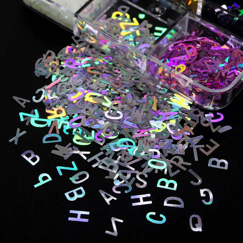 

6grids Laser English Letter Sequins Holographic Alphabet Glitter Flakes Epoxy Resin Mold Fillings Fillers DIY Accessory Nail Art