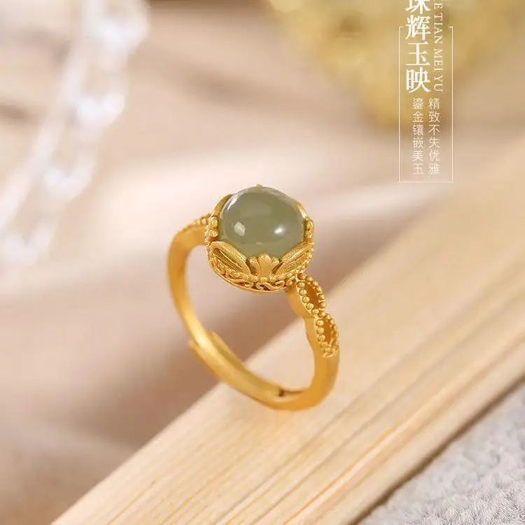 

S925 Sterling Silver Gold Plated Hetian Jade Gray Jade round Egg Noodles Court Style Retro Twist Ring Setting Open Ring