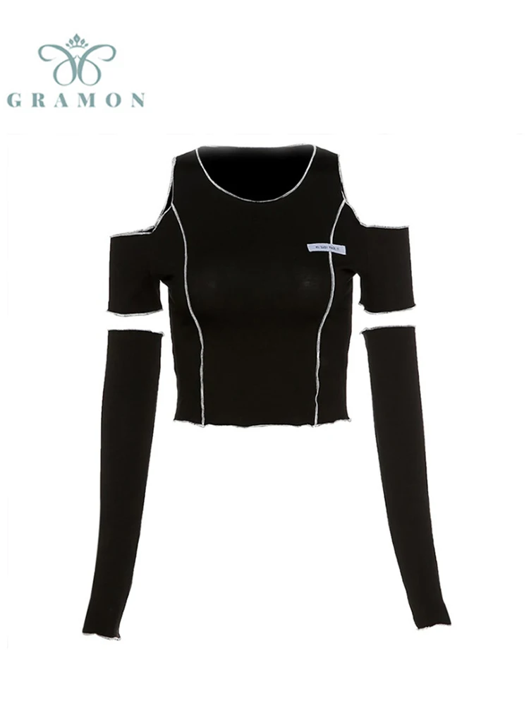 

Футболка женская с открытыми плечами, пикантная одежда, асимметричный кроп-топ для джазовых танцев, в Корейском стиле, Y2k