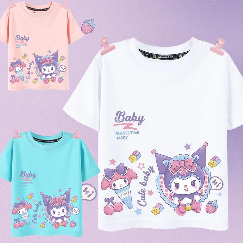 

Kawaii Sanrio My Melody Kuromi Summer Girls Cotton Short Sleeved T Shirt Cartoon Sweet Cute Childrens Half Sleeve Casual Clothes