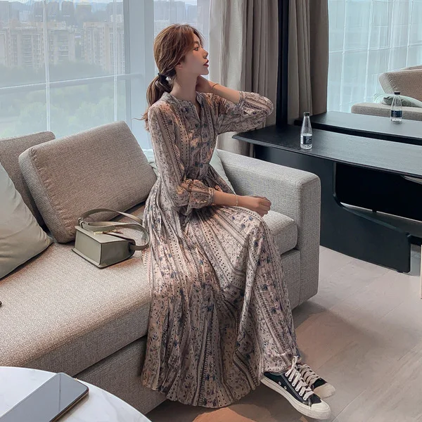 

Irregular large chiffon dress women's spring and autumn 2020 new Korean bottomed long sleeve medium length skirt