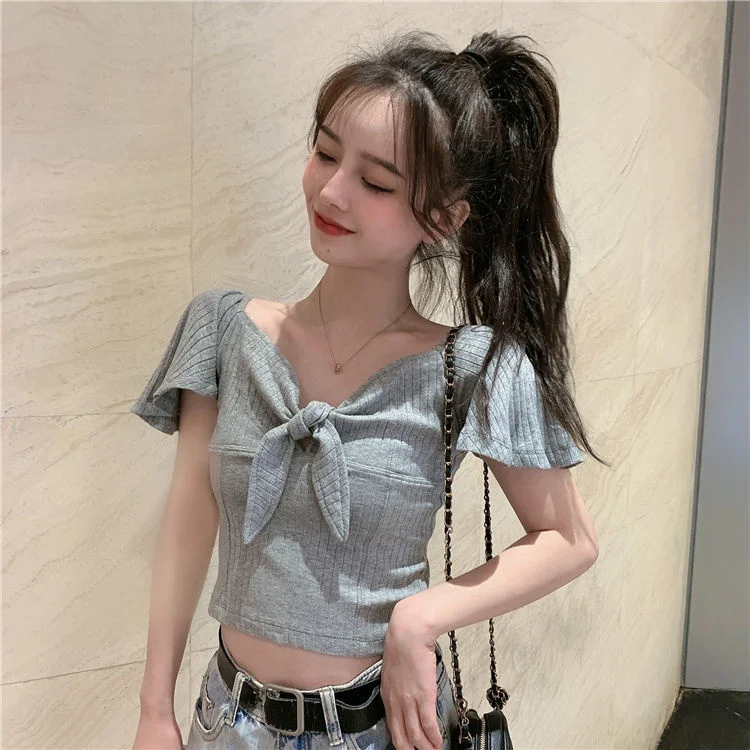 

Трикотажная футболка с открытым воротником, женская летняя новая однотонная короткая одежда, футболки, женские топы