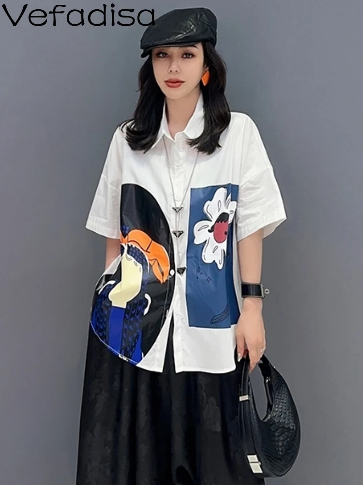 

Vefadisa 2023 Summer New Shirt POLO Collar Spliced Print Single Piece Shirt Women Personalized Flower Trendy Girl Top ZY773