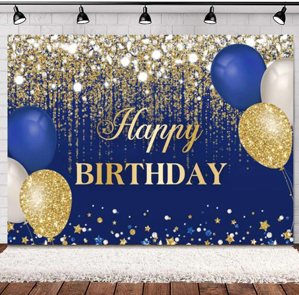 

Blue And Gold Happy Birthday Photography Backdrop Glitter Golden Dots Diamonds Balloons Women Girls Sweet Background Party Decor