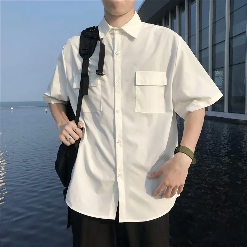 

Shirts Men Cargo Male Fashion Handsome Pure Color All-match Japanese Students Teens Clothes camisas BF Popular Leisure Simply