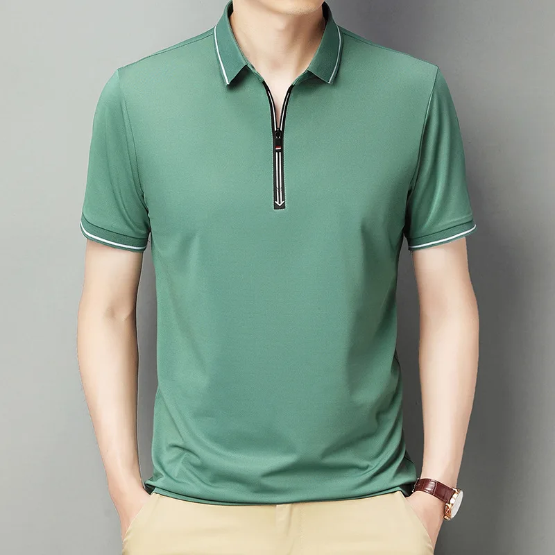 

Polo Shirt Men Short sleeve Grid Fashion Plain Turn-down Collar Zipper Polo Shirts Mens Summer Casual Zip-up Male Clothes 2022