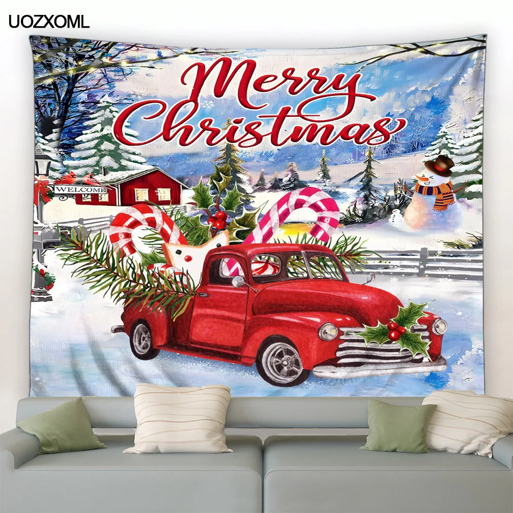 Christmas Tapestry Red Truck Xmas Tree Snowman Winter Forest Landscape New Year Holiday Home Living Room Decoration Wall Hanging