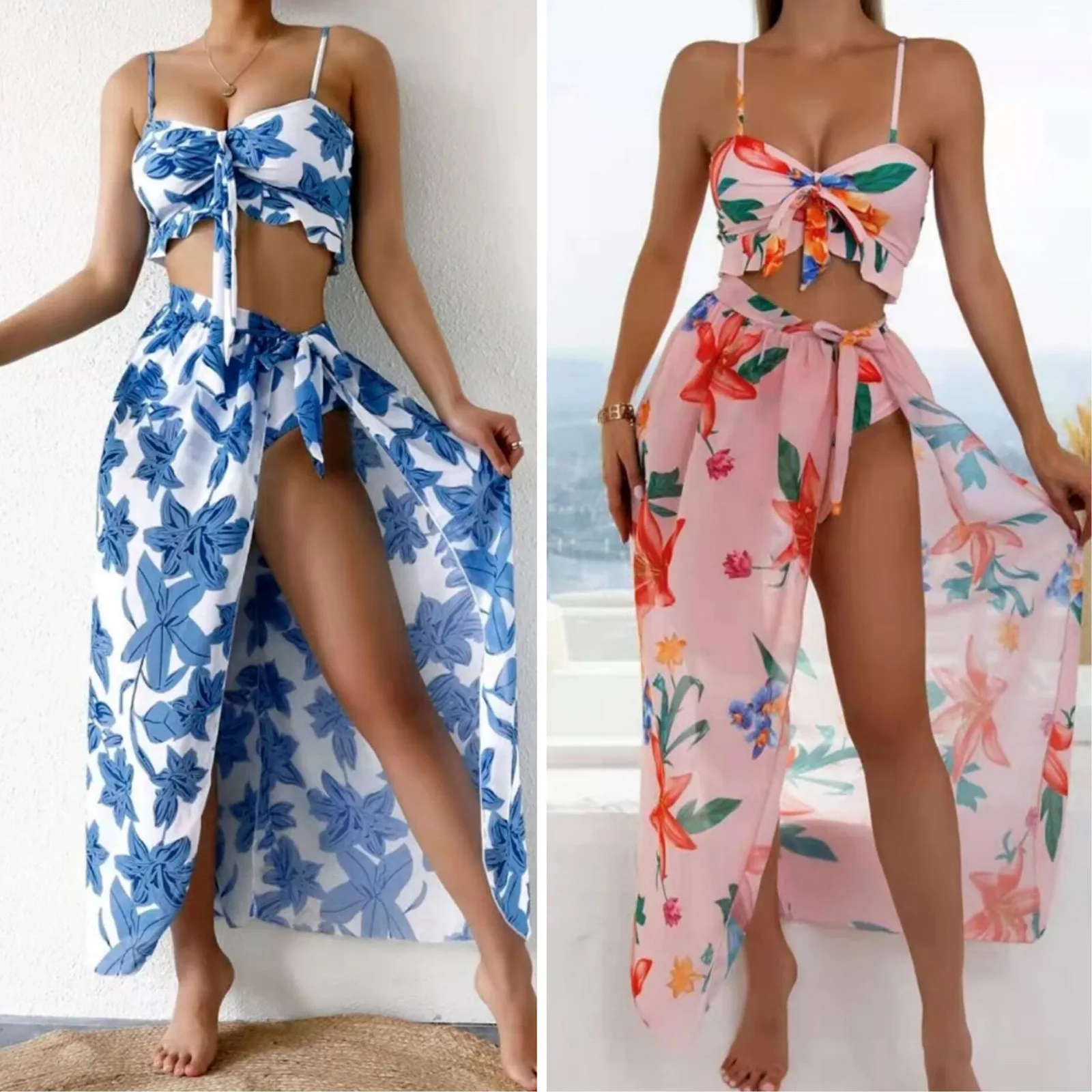 

Fashion Women Swimsuit Summer Printed High Waist Beachwear Three Pieces Split Long Skirt Bikini Swimsuit Maillot De Bain Femme