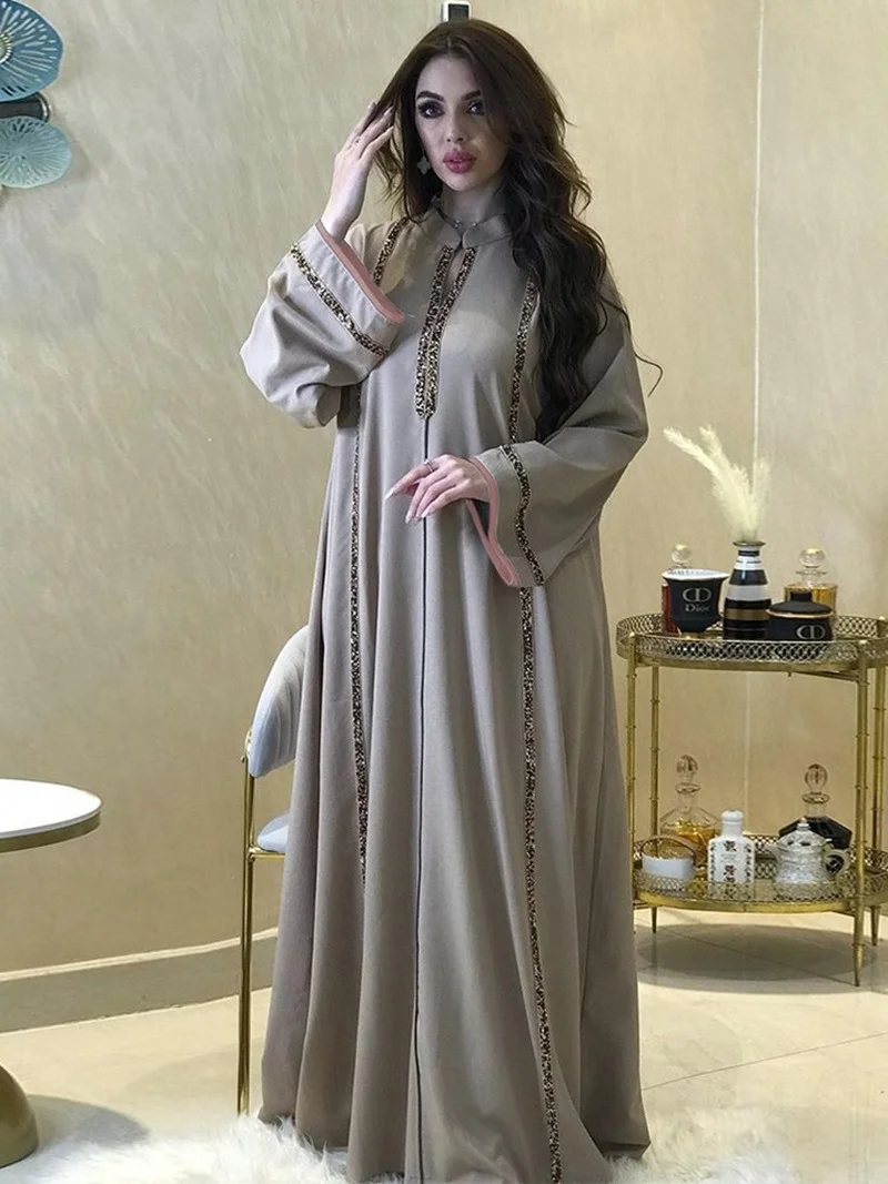 Morocco Abaya Women Dress Diamond Tape Trim Maxi Dress Autumn 2022 Stand Collar Long Sleeve Loose Oman Turkey Dubai Muslim Robe