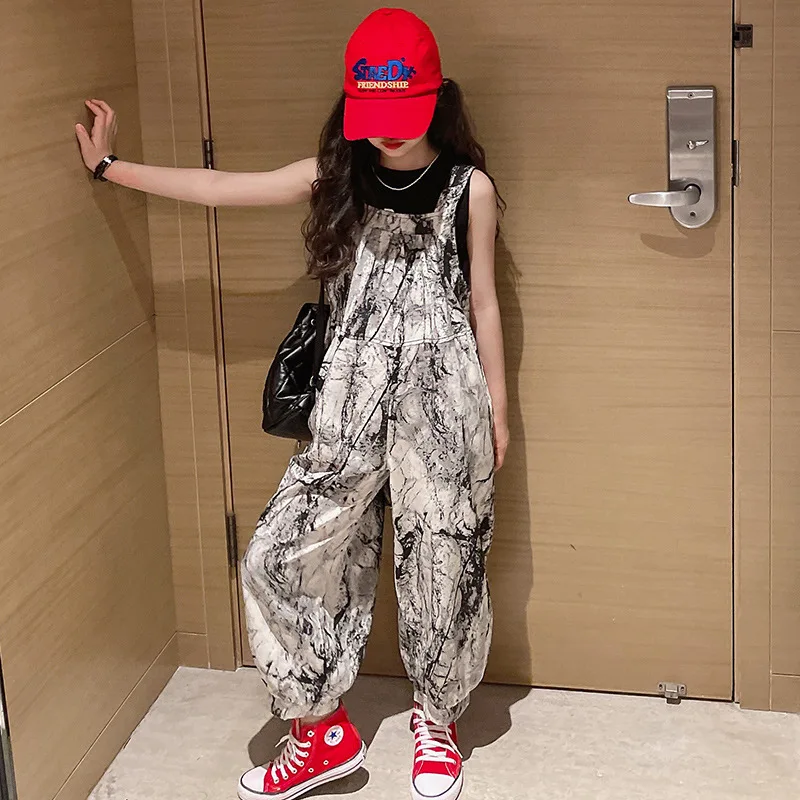 

Teen Girls Pants Clothes Set Two Pieces Kids Summer Fashion Streetwear Black Tops Print Overalls Children Outfits