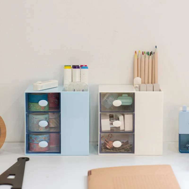 

Pen Holder with Three Drawer Desktop Organizer Large Capacity Pencil Storage Box Desk Accessories School Office Stationery