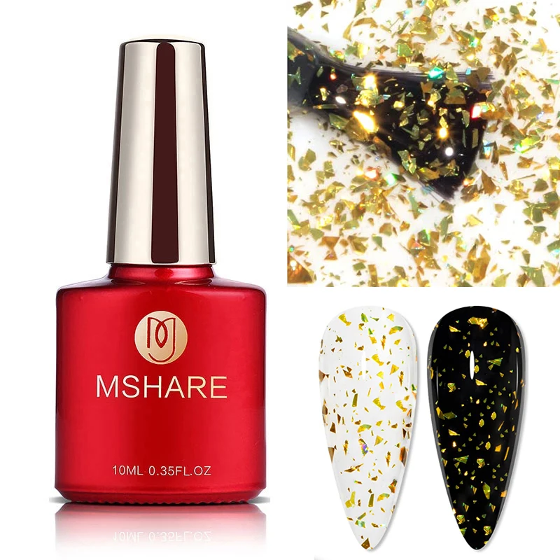 

MSHARE Top Coat Gold Black White Flake Glitter UV Gel Polish No Wipe mat semi permanent for Nails 10ml