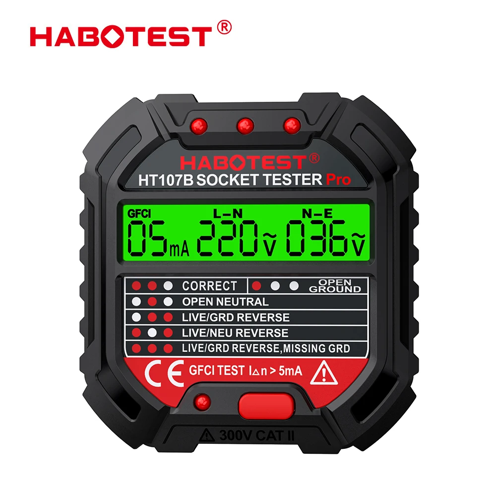 

HT107 Socket Tester Pro Voltage Test RCD 5/30mA Socket Detector UK EU US Plug Ground Zero Line Plug Polarity Phase Check