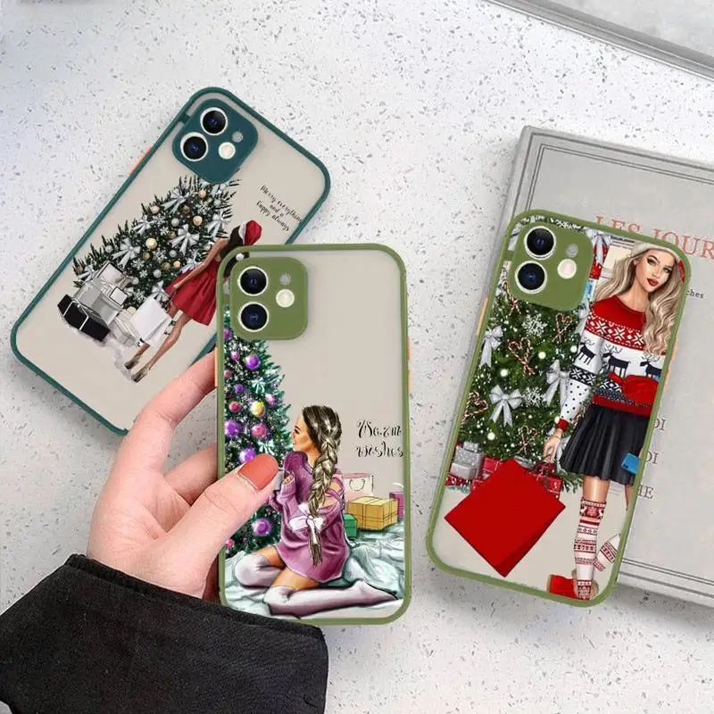 

Merry Christmas tree Brown Hair Girl Phone Case matte transparent For iphone 11 12 13 6 s 7 8 plus mini x xs xr pro max cover