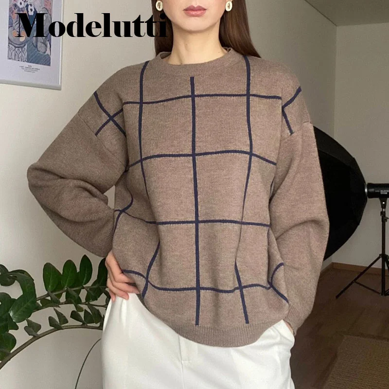 

Modelutti Winter Sweaters Women Pull Femme England High Street Vintage O-neck Loose Plaid Fashion Sweaters Women Pullovers Tops