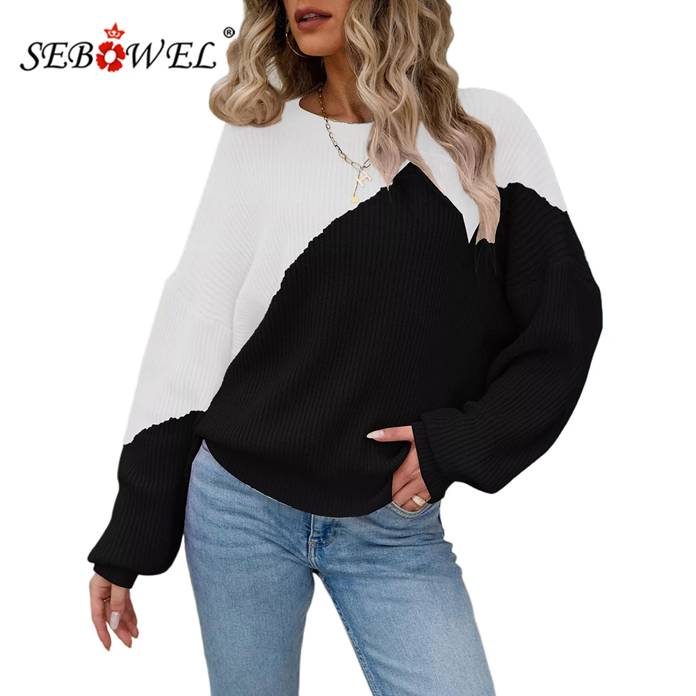 

SEBOWEL 2022 European and American Autumn /Winter New INS Wind Bat Shirt Pullover Irregular Stitching Round Neck Knitted Sweater