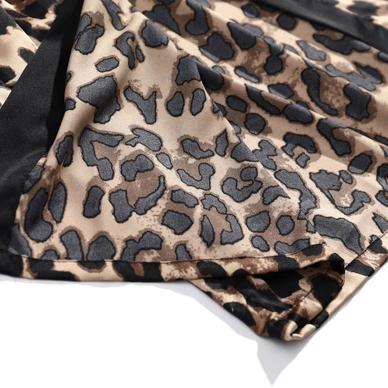 Women's Sleepwear 2 Pcs Sets Satin Silk Sleepwear Leopard Print Robe Nightgown and Sling Lace Mini Dress Pajamas Set