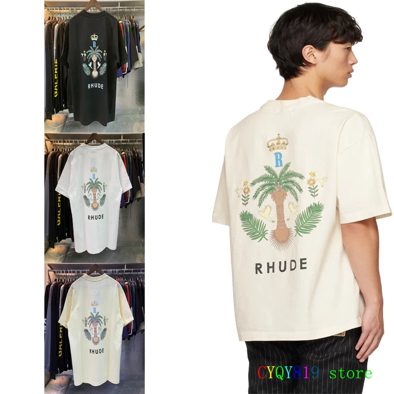 

2023 RHUDE Las Palmas Coconut Crown Print T-Shirt Men Women High Quality T Shirt Short Sleeve Oversized