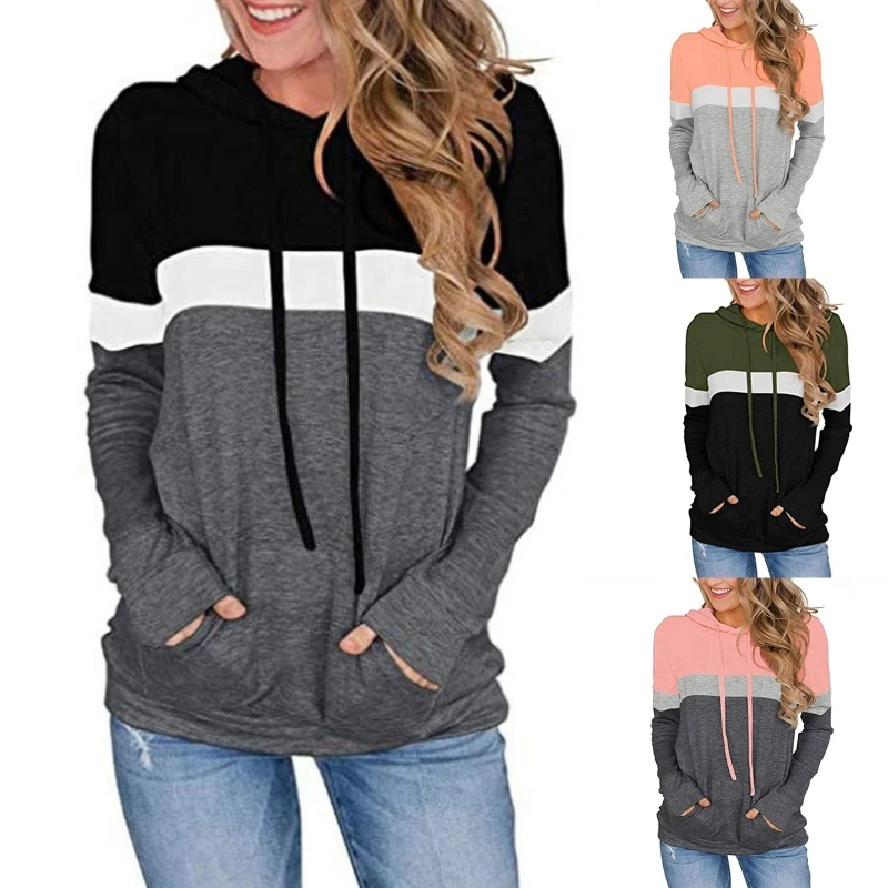 

Women Long Sleeve Drawstring Hoodies Colorblock Stripes Sweatshirt Casual Loose Pullover Tops Tunic Shirt with Kangaroo Pocket