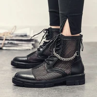 summer men ankle boots punk rock mesh leather chain round toe boots breathable motorcycle nightclub party boots casual shoes 46