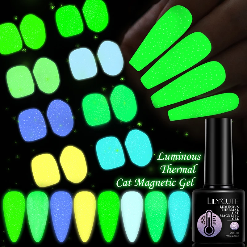 LILYCUTE Green Fluorescent Thermal Gel Nail Polish Luminous Glow In Dark Reflective Cat Magnertic Semi Permanent Gel Varnish