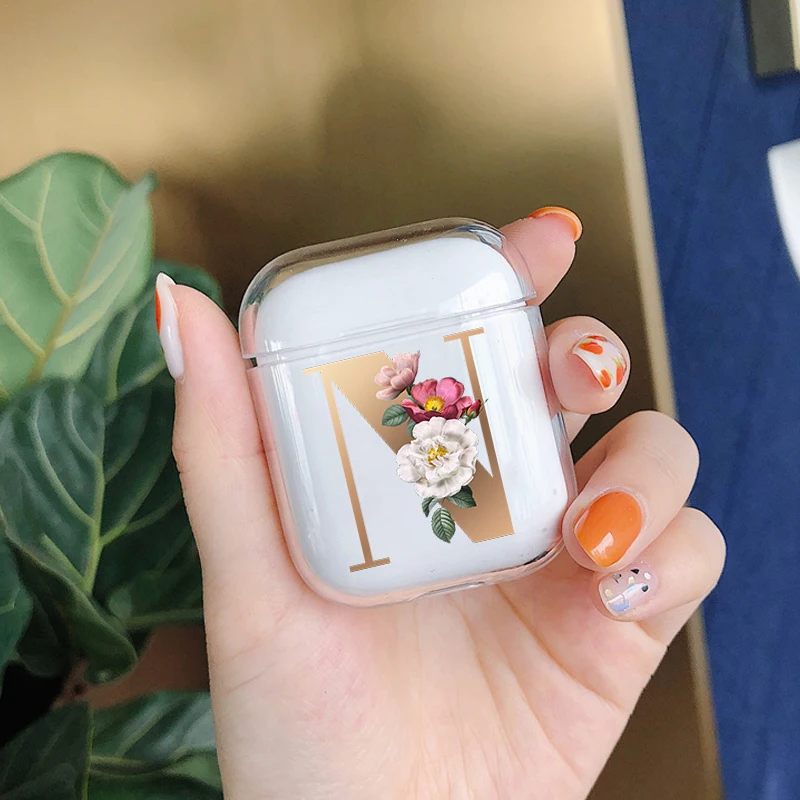 

Gold English Alphabet Flower Transparent Soft TPU Apple Wireless Bluetooth Headphone Case Suitable for Iphone AirPods1 2 3 Pro