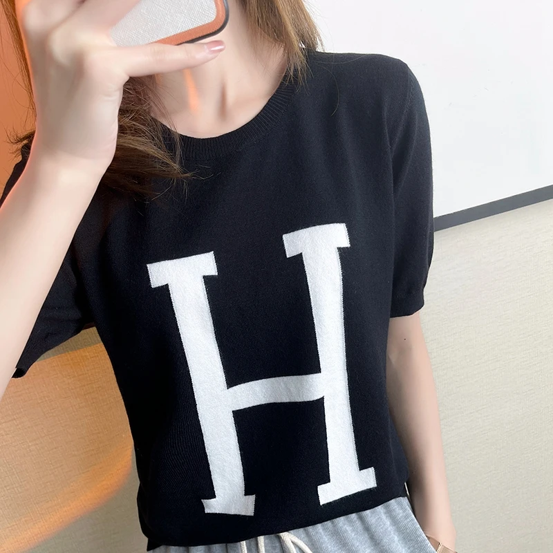 Camiseta de punto para mujer, camiseta de hilo central de manga corta con letras en H, jacquard, top corto de cuello redondo fino para mujer 2022