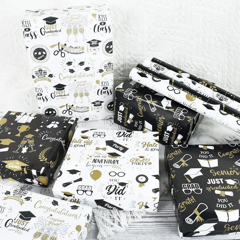 

1Sheet Graduation Party Gift Wrapping Paper Congratulations Doctor Hat Glasses Trophy Design Printing Box Packaging Decoration