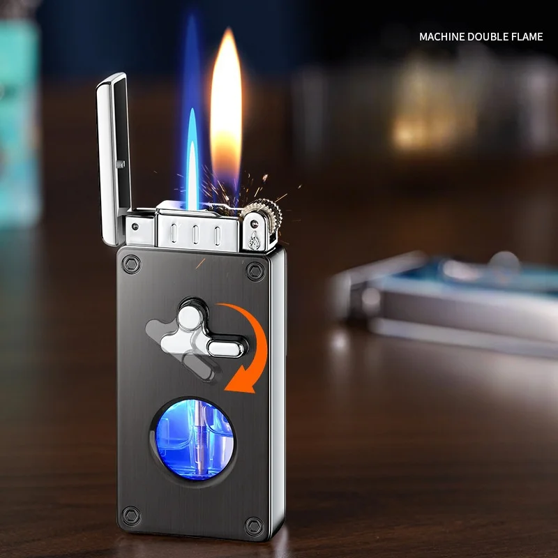 Креативная металлическая газовая зажигалка с двойным пламенем и бутаном
