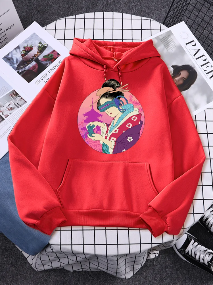 

Cyberpunk Ukiyo-E Japanese Geisha Play Vr Games Printed Womens Hoody Funny Casual Tops Personality Vintage Clothes Woman Hoodies