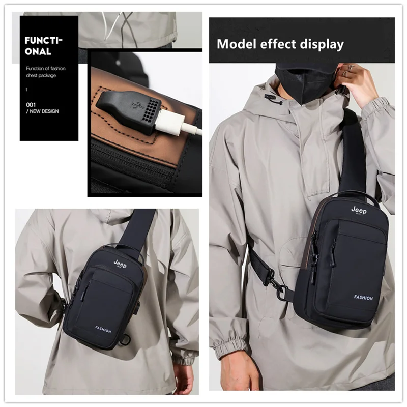 JEEP BULUO Chest Sling Safety Lock Male Anti-theft Fashion Travel Pack Brand High Quality Men USB Crossbody Shoulder Bags