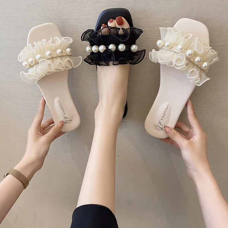 

Shoes Slippers Casual Slides Low String Bead Luxury Flat Fashion PU Basic Rubber Shoes String Bead Slippers Flat Luxury Slides L