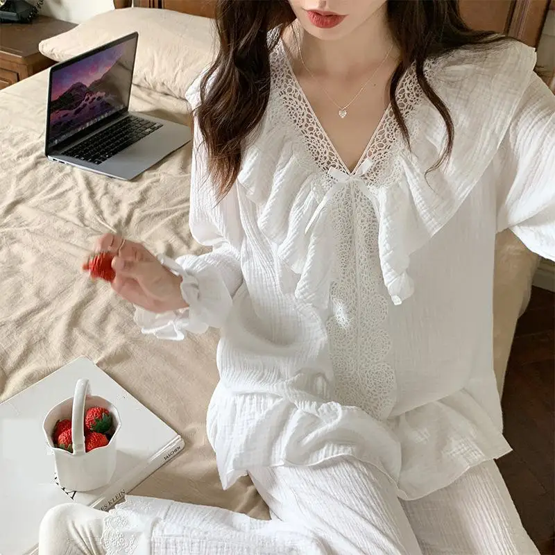 

Женский Пижамный костюм с V-образным вырезом, кружевная хлопковая одежда для сна из двух предметов, Топ с длинным рукавом и брюки, комплект для сна, домашняя одежда на осень и весну