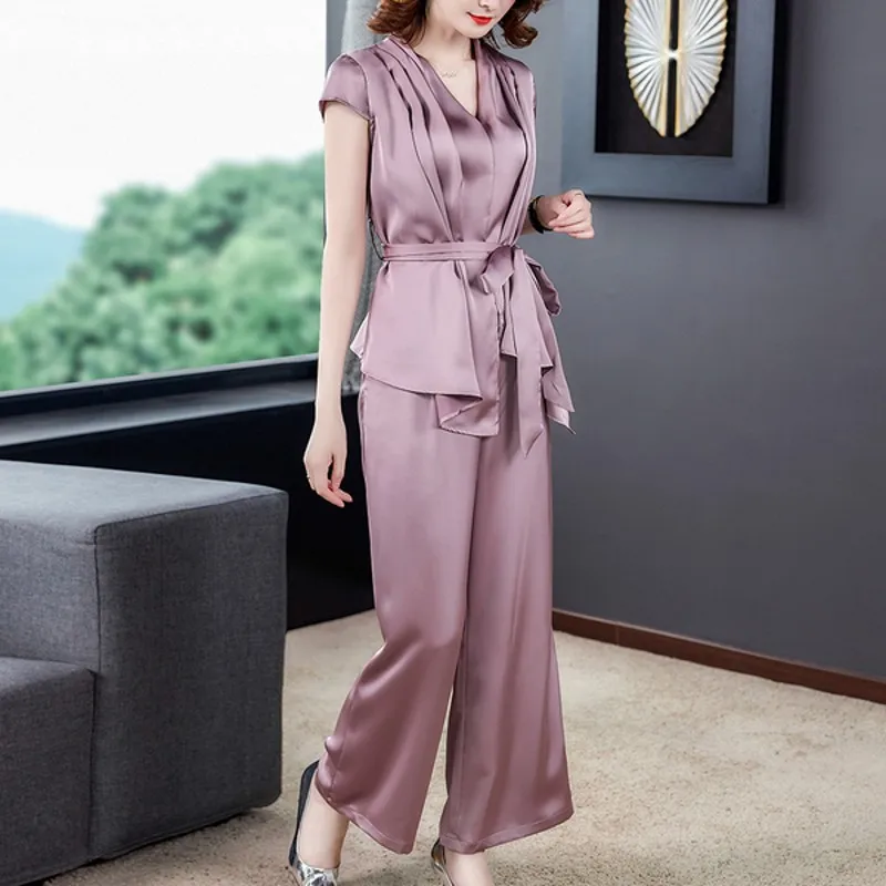 

2022 Summer Fashion Temperament Women's V-Neck Top + High Waist Drape Wide Leg Pants Suit 2 Piece Sets