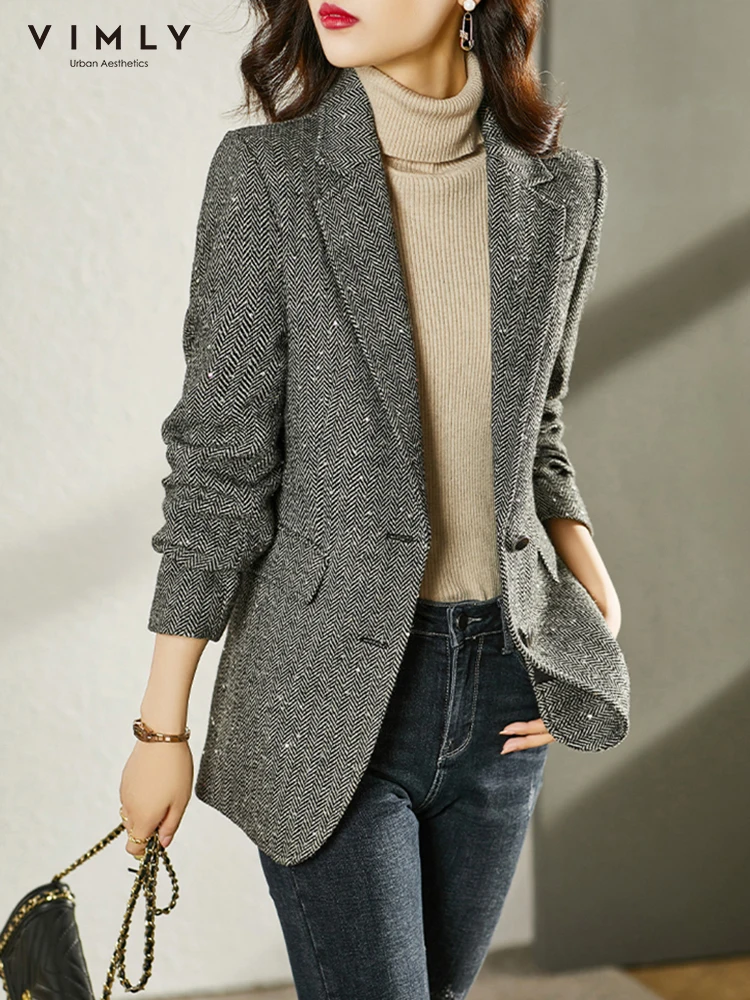 VIMLY New Blazer jacket women Notched Single Breasted Blazer Office Lady Business Jackets Female Clothes Wool Coat F9893