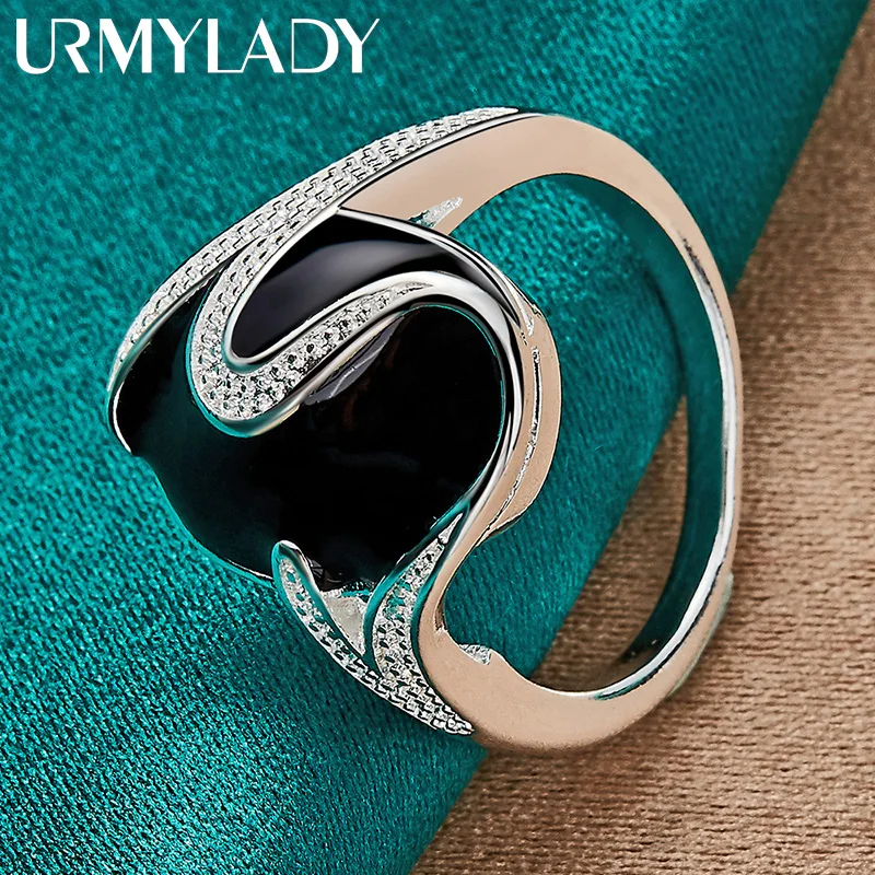 URMYLADY 925 Sterling Silver Round Obsidian 7-10# Ring For Women Wedding Charm Engagement Fashion Jewelry