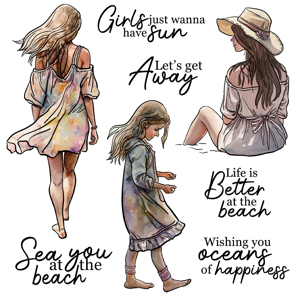 

Mangocraft Beautiful Women On Beach Cutting Dies Clear Stamps DIY Scrapbooking Metal Dies Silicone Stamps For Cards Album Decor