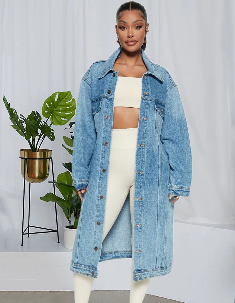 

WUHE Long Sleeve Single Breasted Turn-down Neck Belt Waist Slim Denim Coat 2023 Fashion Women New Streetwear Jean Trench