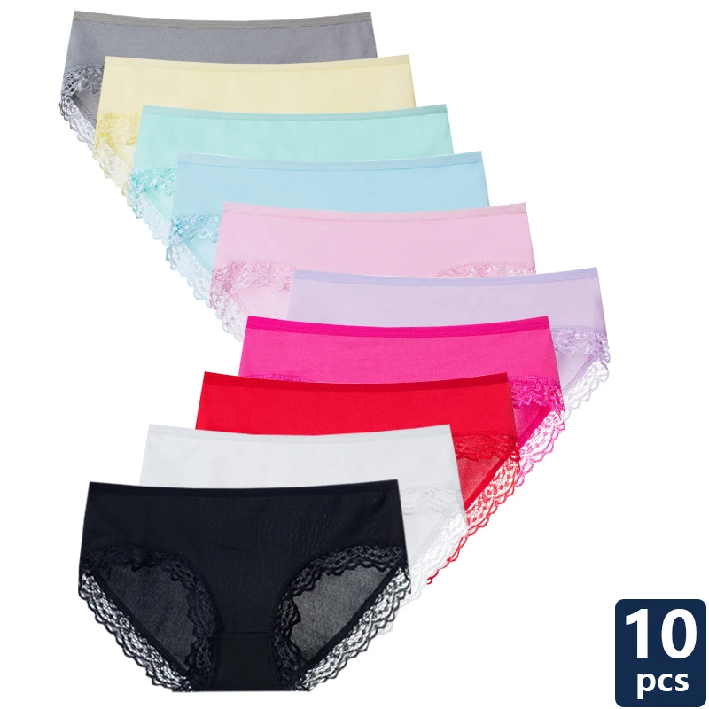 

10 шт., женские бесшовные кружевные трусики со средней посадкой
