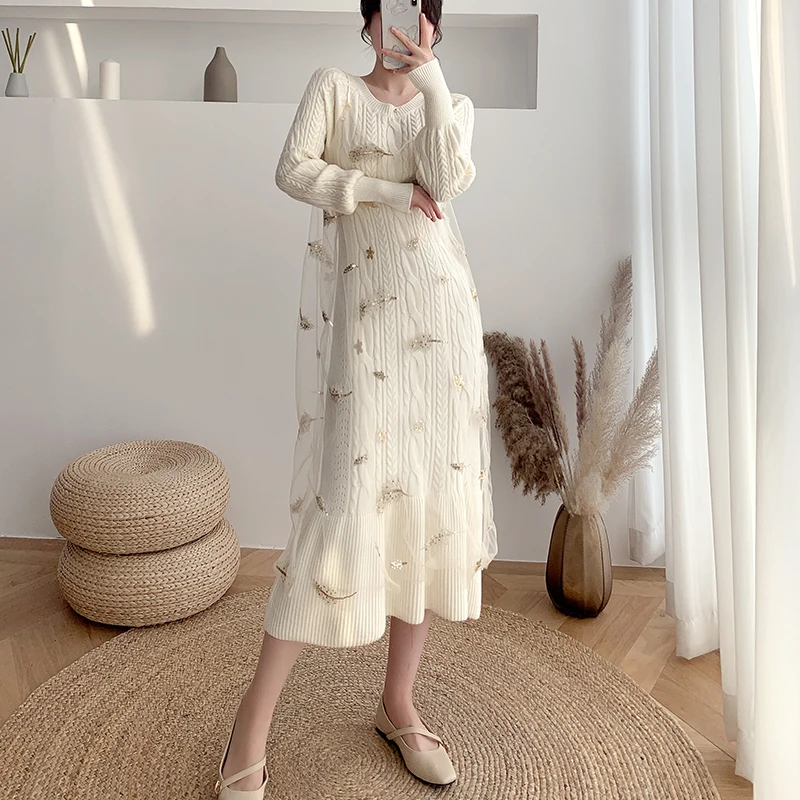 

Female Long Sleeve Soft Vestidos Winter Autumn Korean Chic Slim Knit Sweater Dress Women Knitted with Mesh Spaghetti Strap Dress