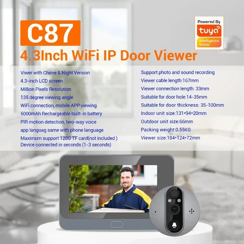 

C87 1080P Smart digital door viewer WIFI Doorbell 4.3 inch screen Support TUYA APP Wide Angle PIR with Night Vision Chime