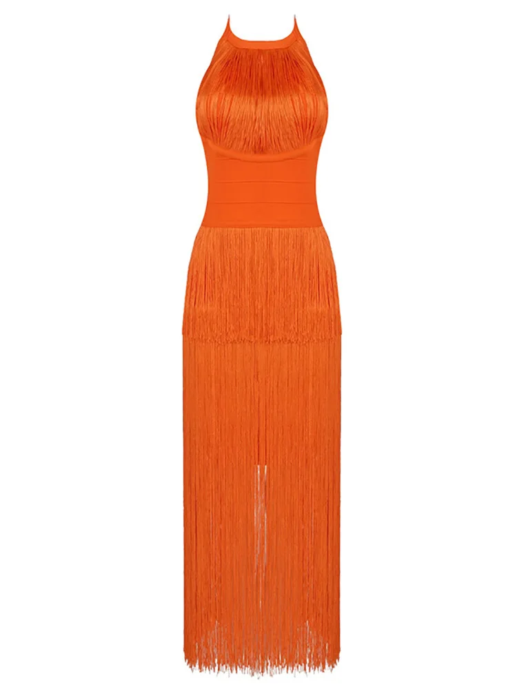 DEAT 2023 Summer Women's Dress New Fashion Hater Slim Waist Sleevless Tassel Orange Blackless Mid-calf Dresses Female 17A162