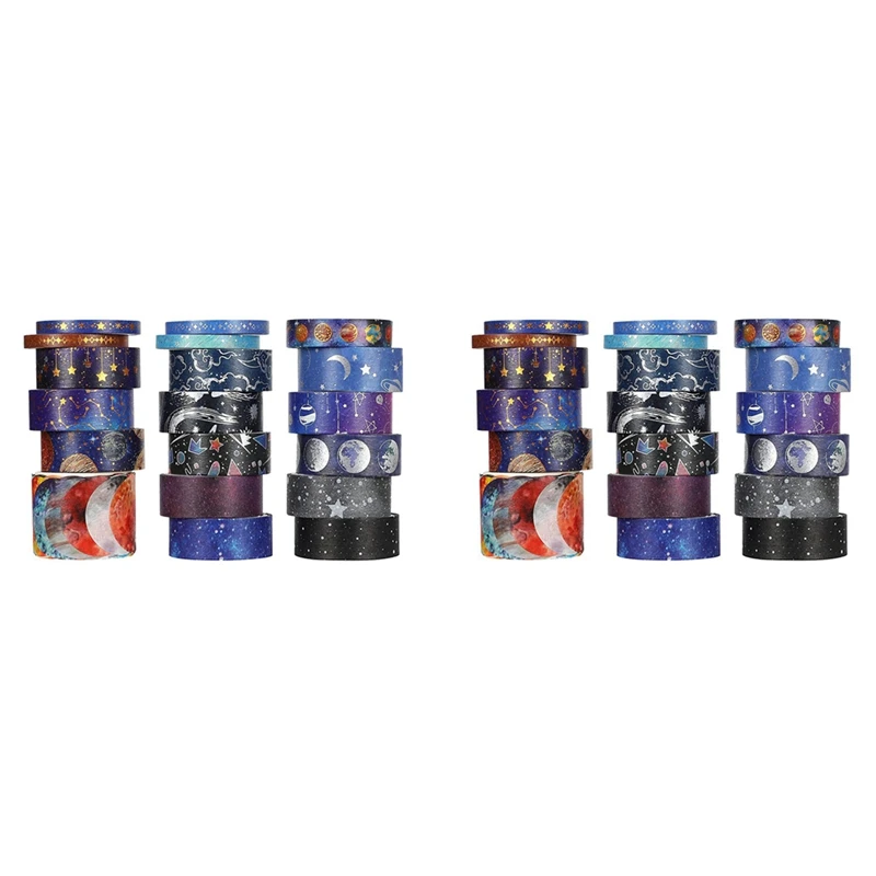 

Blue Space Washi Tape Set-38 Rolls Gold Foil Galaxy Decorative Masking Tape With Sky,Moon,Star,Celestial, Constellation