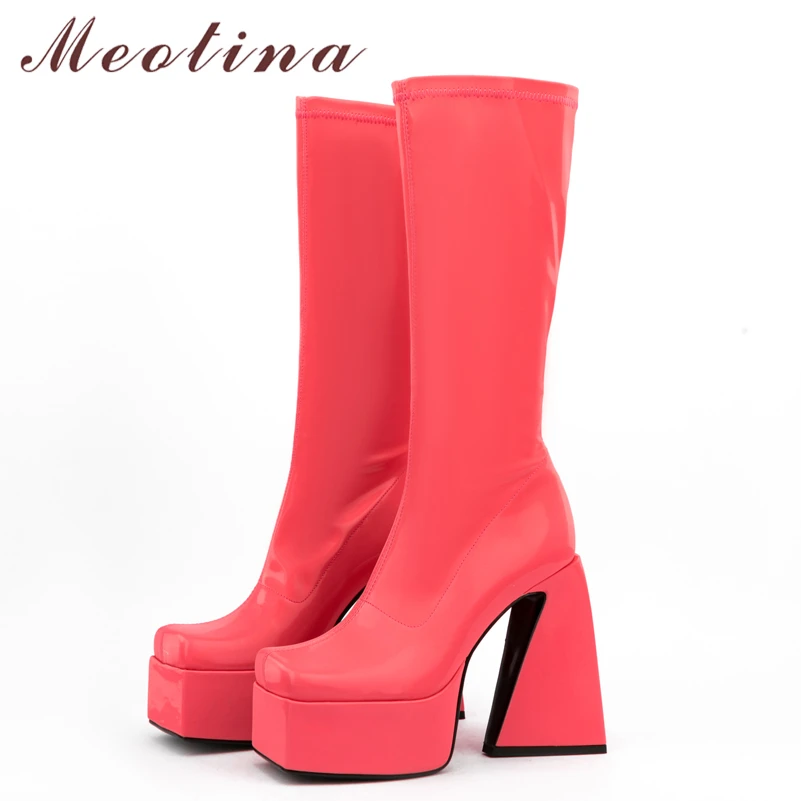 

Meotina Women Mid Calf Boots Square Toe Platform Chunky High Heel Fashion Short Boot Autumn Winter Ladies Shoes Apricot 45