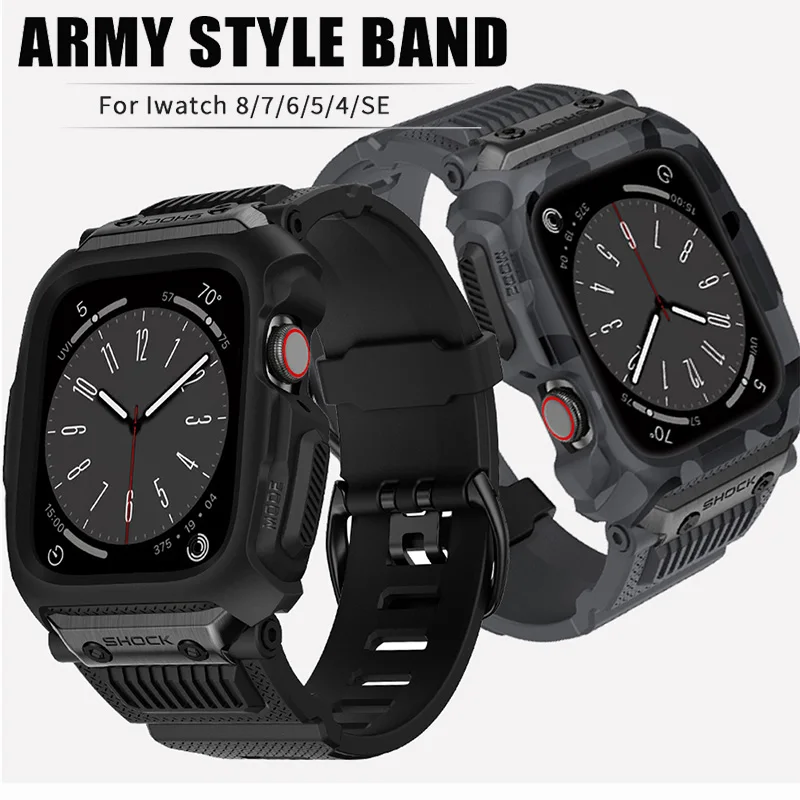 

Camouflage Army Sport Case Band For Apple Watch 8 7 SE 6 45mm 44mm 42mm Waterproof Drop-Resistant Integrated Strap Watch Mod Kit